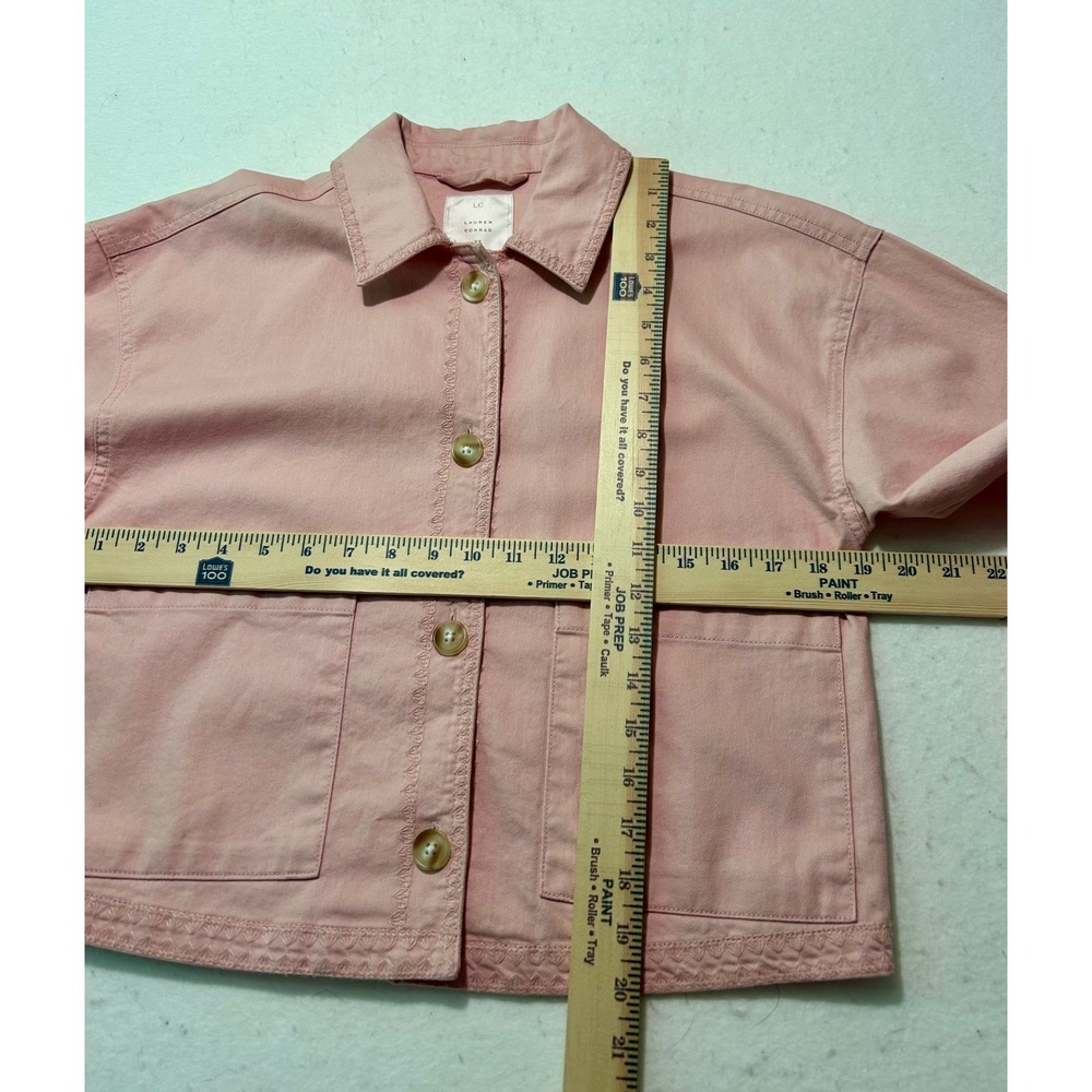 LC Lauren Conrad Pink Denim Chore‎ Jacket Embroidered Utility Crop Coat XS - Picture 7 of 8